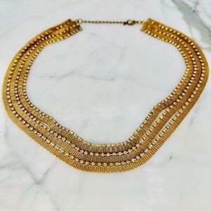 Retro Mesh 3 Chain Necklace Rhinestone Accent Layers Gold Tone Disco Glam 20”